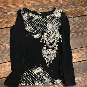black long sleeve top gold and rhinestone detailing